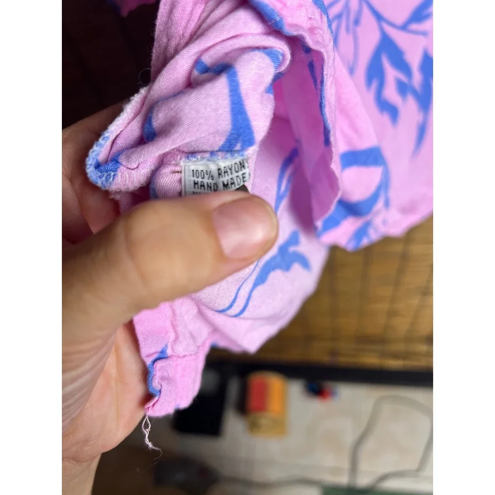 Makai Beach Hawaii Pink Blue Tropical Floral Rayon Button Down Shirt XL